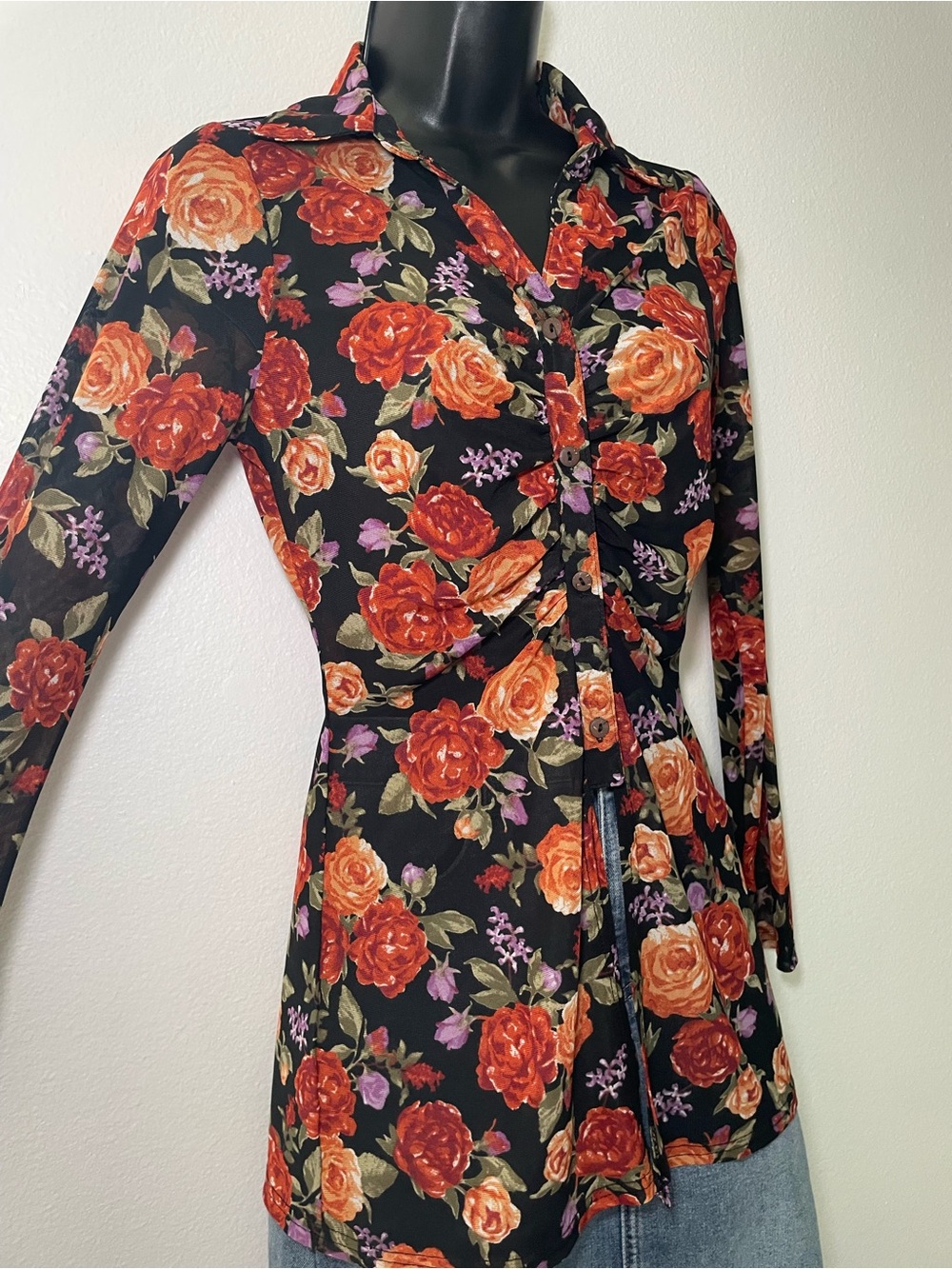 Ember Floral Mesh Button Front Top Small Black Rose Print Long Sleeve Y2K Sheer - Picture 3 of 8
